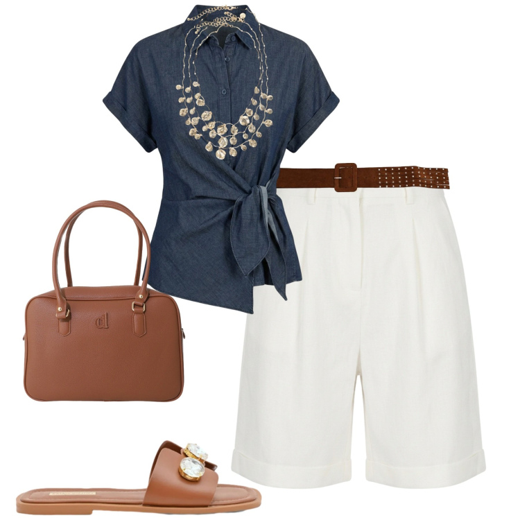 Outfit donna - Minimal chic. Stile Casual chic per Tutti i giorni. Abbinamento con sandali gioiello, camicie a manica corta, bermuda, cinture, cappotti, collane.