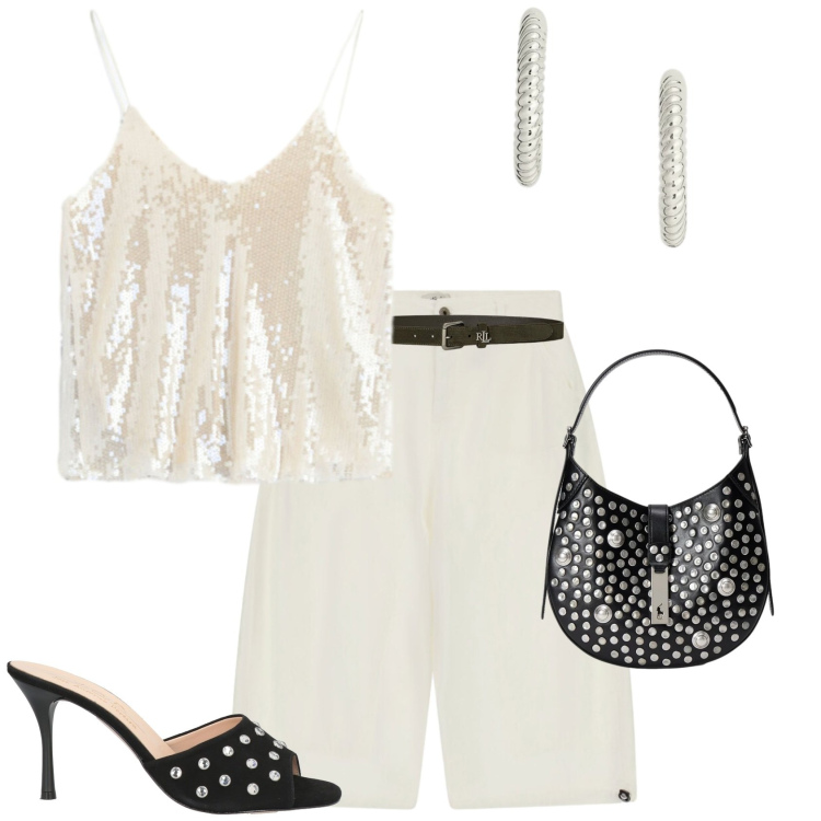 Outfit donna - Glamour serata evento speciale. Stile Glamour per Serata fuori. Abbinamento con sandali in pelle, top, shorts, borse a spalla, orecchini, cinture.
