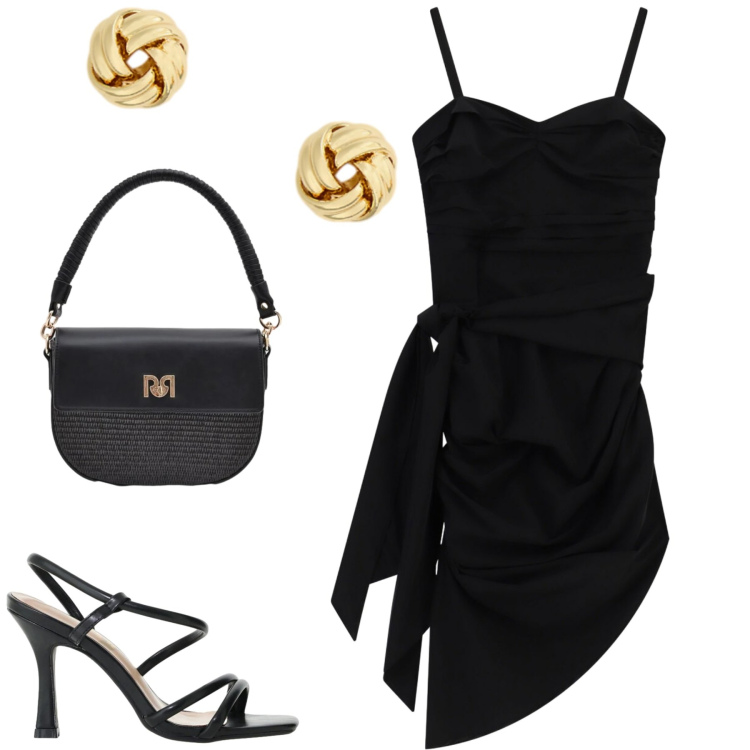 Outfit donna - Black. Stile Chic per Serata fuori. Abbinamento con sandali col tacco, borse a spalla, orecchini, vestiti asimmetrici.