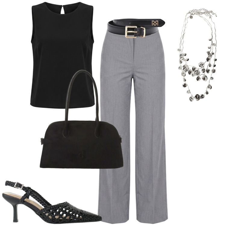 Outfit donna - In ufficio. Stile Bon Ton per Ufficio. Abbinamento con cinture, décolleté, pantaloni a palazzo, canottiere, cappotti, collane.