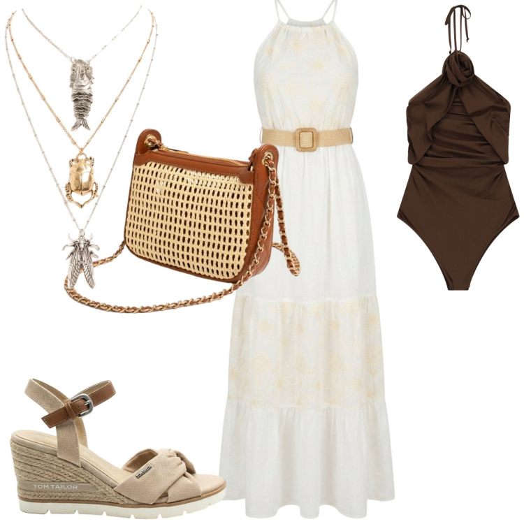Outfit donna - Al mare. Stile Romantica per Mare. Abbinamento con sandali col tacco, costumi interi, portafogli, vestiti lunghi, ciondoli.
