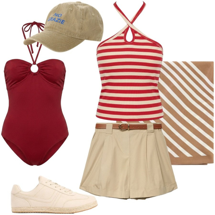 Outfit donna - Gita in barca. Stile Casual chic per Mare. Abbinamento con sneakers, shorts, foulard, canottiere, costumi interi, cappelli con visiera.