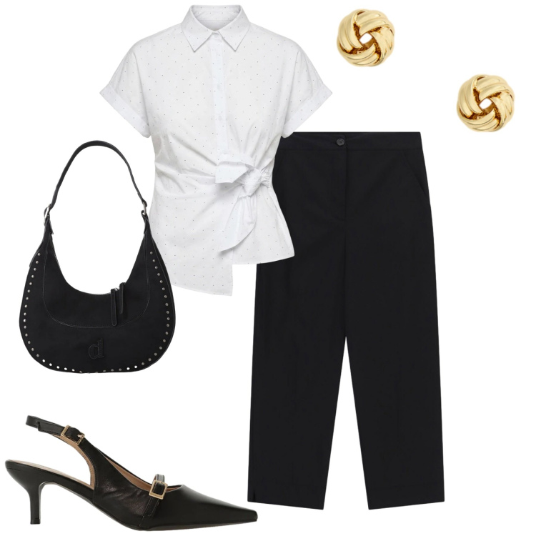 Outfit donna - In ufficio. Stile Minimal per Ufficio. Abbinamento con sandali col tacco, camicie a manica corta, cappotti, pantaloni, orecchini.