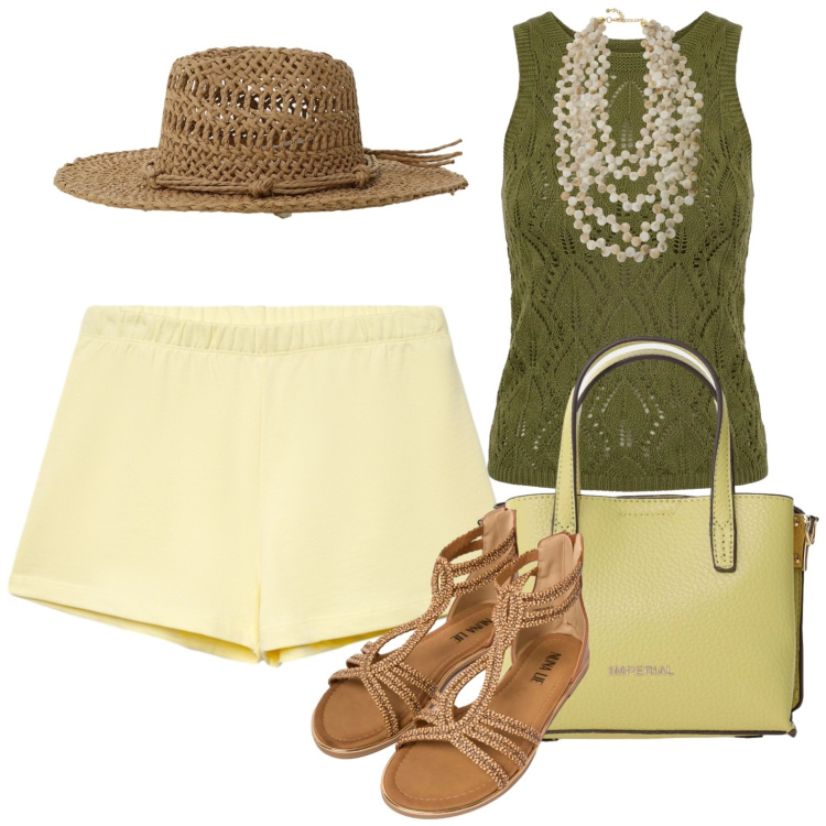Outfit donna - Estate. Stile Casual per Tutti i giorni. Abbinamento con shorts, borse a tracolla, collane, cappelli, canottiere, sandali in pelle.