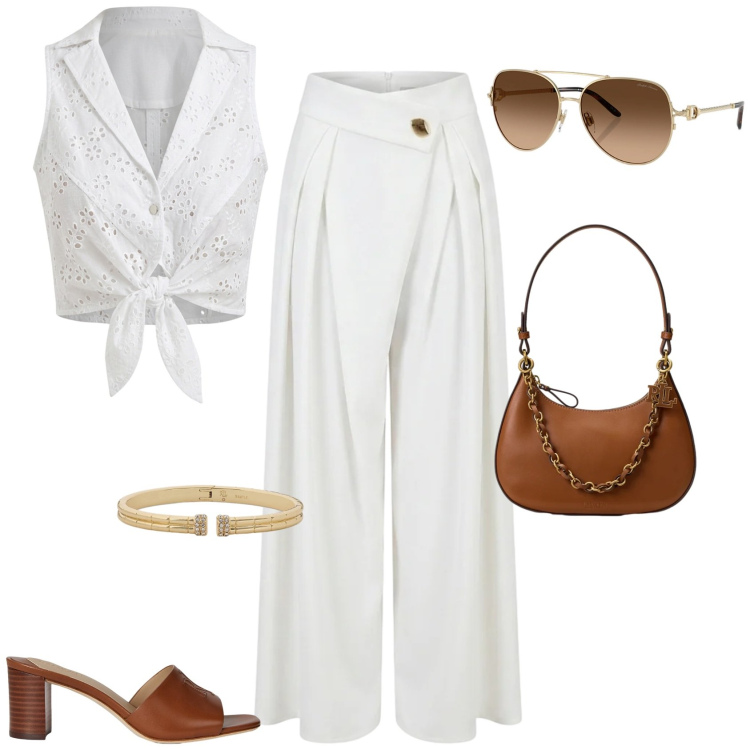 Outfit donna - Chic ufficio tempo libero. Stile Chic per Tutti i giorni. Abbinamento con top, pantaloni a palazzo, occhiali da sole, sandali in pelle, braccialetti, borse a spalla.