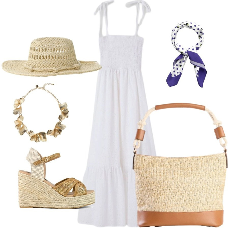 Outfit donna - Total look #2418446. Stile Casual chic per Tutti i giorni. Abbinamento con borse a secchiello, foulard, vestiti lunghi, cappelli, collane, zeppe.