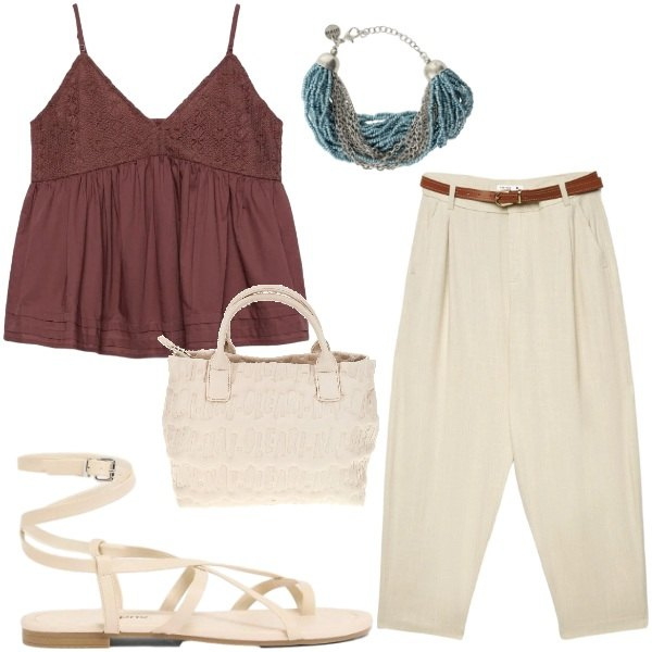 Outfit donna - Casual chic. Stile Casual chic per Tutti i giorni. Abbinamento con sandali, pantaloni chino, canottiere, braccialetti, borse a mano.