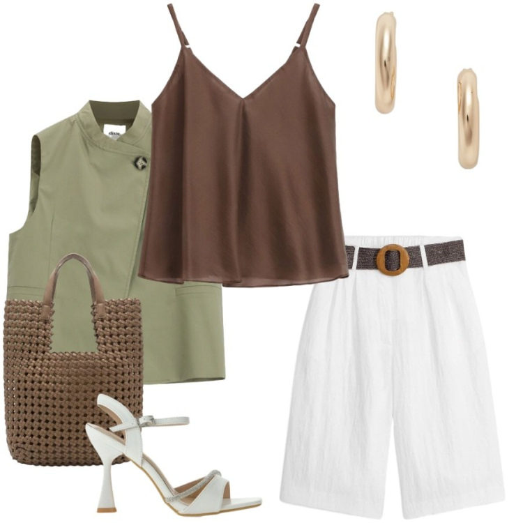 Outfit donna - Total look #2418448. Stile Casual chic per Tutti i giorni. Abbinamento con bermuda, sandali gioiello, borse tote, gilet, top, orecchini.
