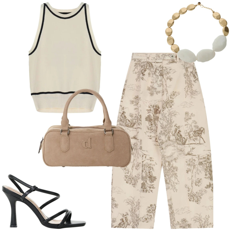 Outfit donna - Paesaggi. Stile Urban per Tutti i giorni. Abbinamento con top, pantaloni a palazzo, sandali col tacco, cappotti, collane.