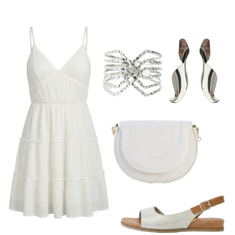 Outfit donna - Bianco protagonista. Stile Basic per Tutti i giorni. Abbinamento con borse a tracolla, sandali, vestiti corti, orecchini, braccialetti.