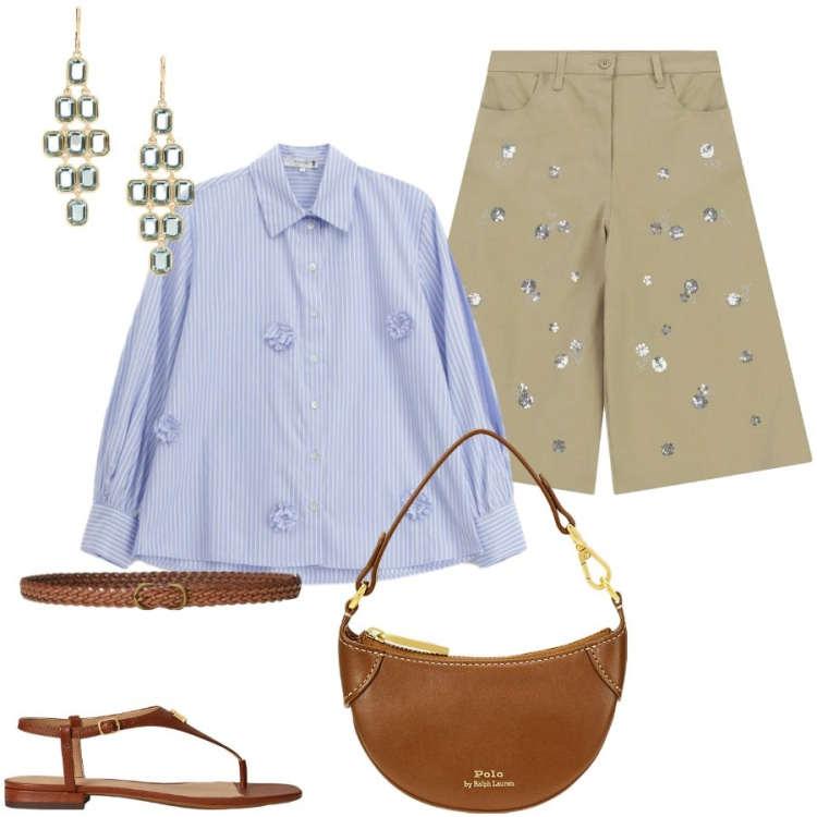 Outfit donna - Total look #2418451. Stile Casual chic per Ufficio. Abbinamento con bermuda, camicie, borse a tracolla, sandali in pelle, cinture, orecchini.