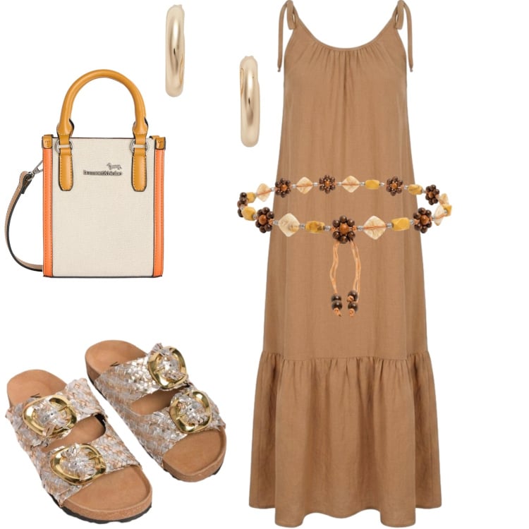 Outfit donna - Summer. Stile Boho per Tutti i giorni. Abbinamento con borse tote, ciabatte, cinture, vestiti midi/longuette, orecchini.