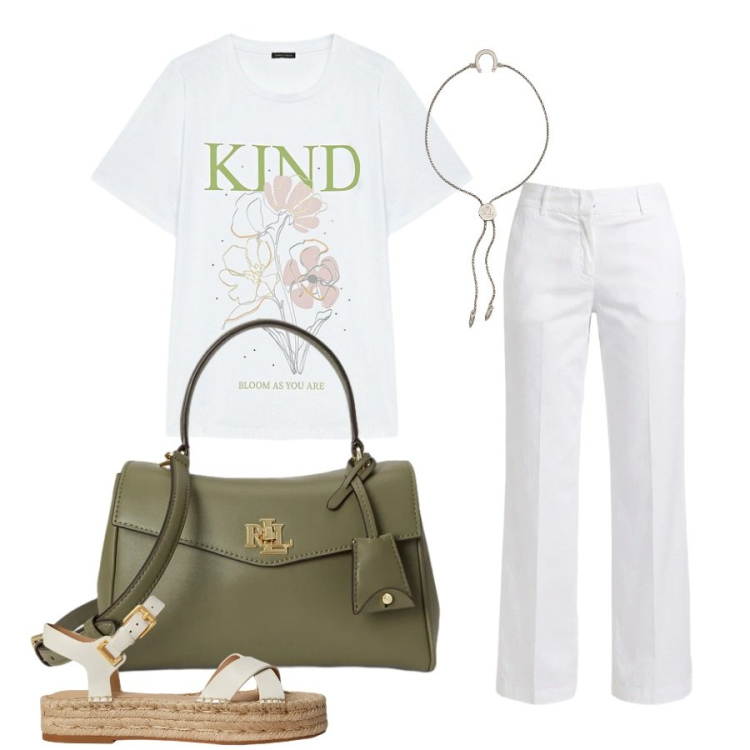 Outfit donna - Total look #2418454. Stile Casual chic per Tutti i giorni. Abbinamento con pantaloni, t-shirt, braccialetti con ciondoli, espadrillas, borse a mano.