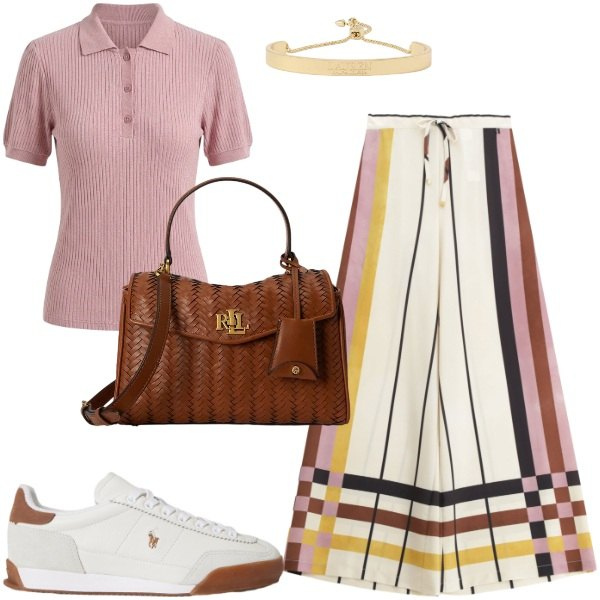 Outfit donna - Borsa intrecciata. Stile Casual chic per Tutti i giorni. Abbinamento con polo, pantaloni a palazzo, sneakers, borse a mano, braccialetti.