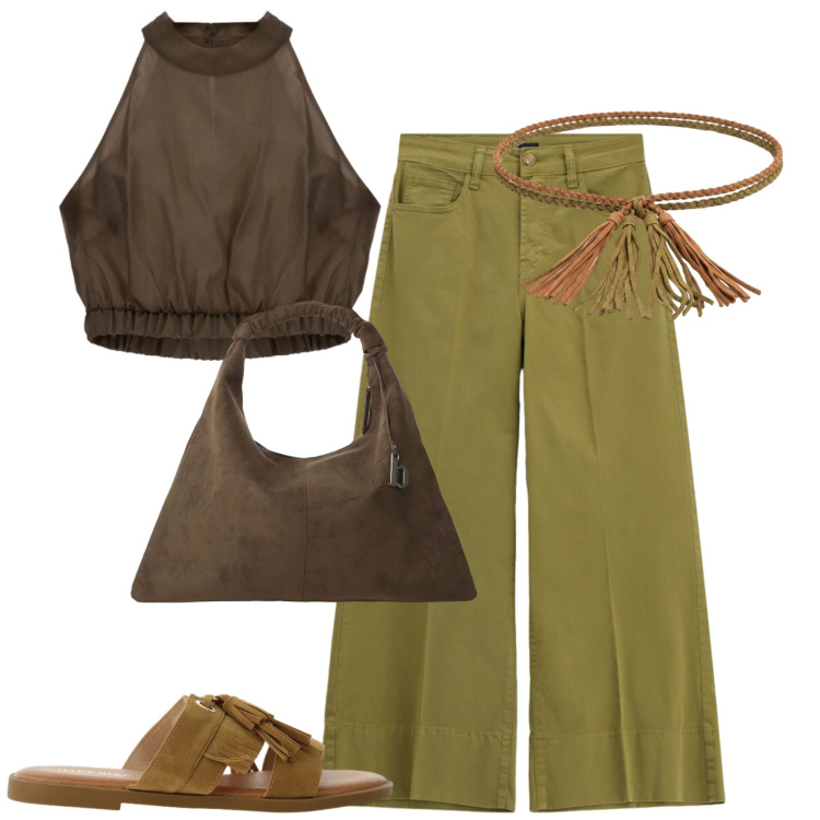 Outfit donna - City. Stile Casual chic per Tutti i giorni. Abbinamento con sandali, pantaloni a palazzo, cappotti, top, cinture.