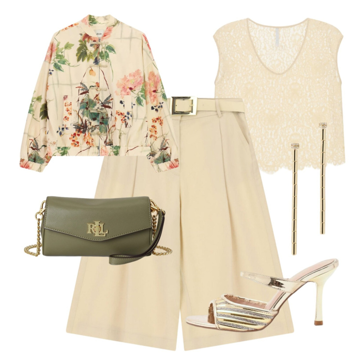 Outfit donna - Bermuda in chiave chic. Stile Glamour per Serata fuori. Abbinamento con sabot, bermuda, top, giacche, orecchini, portafogli.