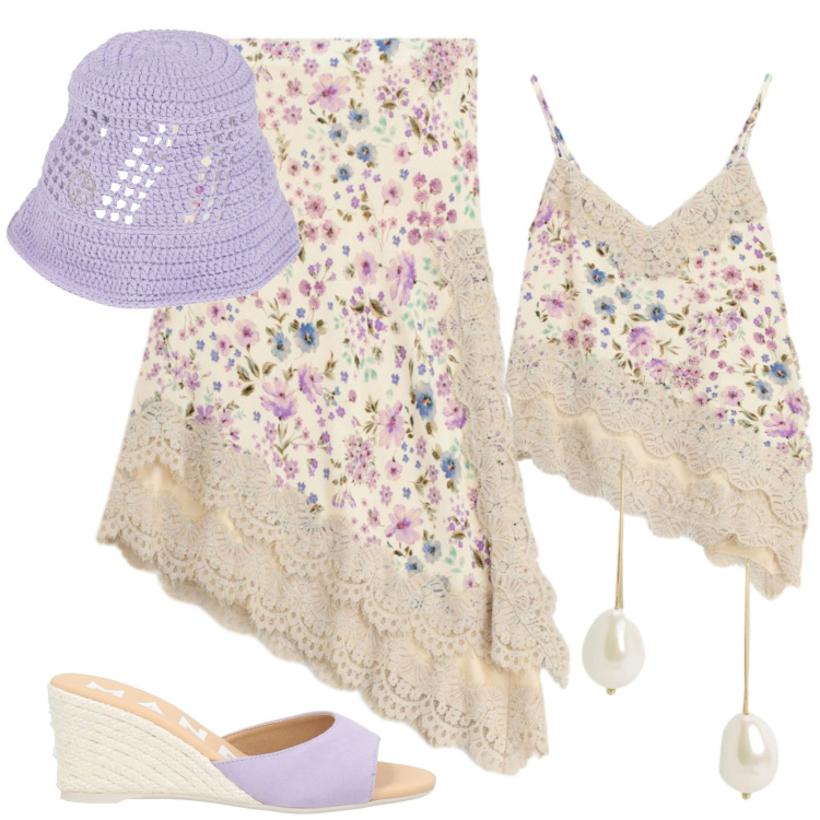Outfit donna - Floreale. Stile Romantica per Tutti i giorni. Abbinamento con cappelli, espadrillas, top, gonne longuette, orecchini.