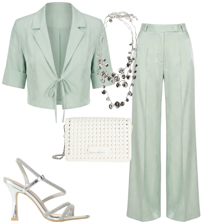 Outfit donna - Occasione speciale. Stile Chic per Serata fuori. Abbinamento con sandali col tacco, borse a tracolla, pantaloni a palazzo, top, collane.