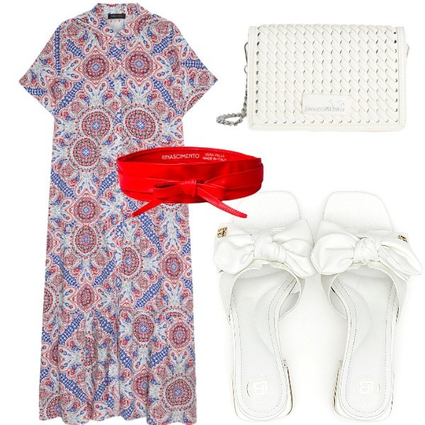 Outfit donna - Vestito chemisier con stampa. Stile Casual per Tutti i giorni. Abbinamento con cinture, borse a tracolla, vestiti lunghi, ciabatte.