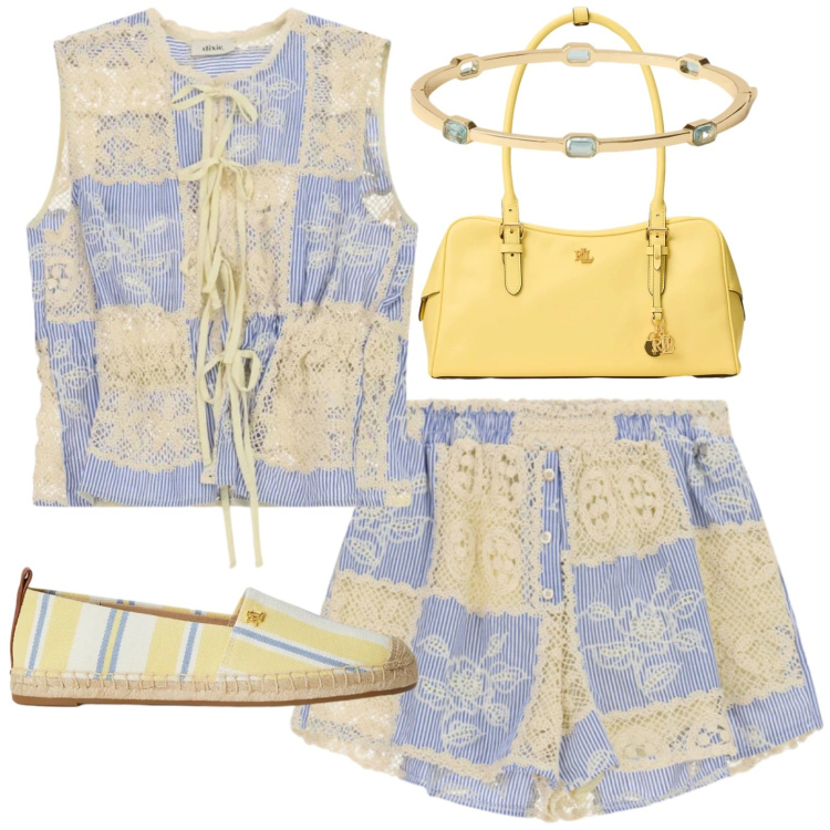 Outfit donna - Short. Stile Casual per Mare. Abbinamento con shorts, top, borse a mano, espadrillas, braccialetti.