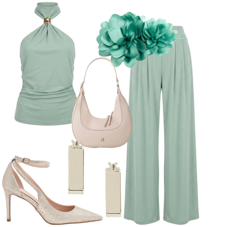 Outfit donna - Verde maldive. Stile Glamour per Serata fuori. Abbinamento con décolleté, pantaloni a palazzo, cinture, top, borse a tracolla, orecchini.