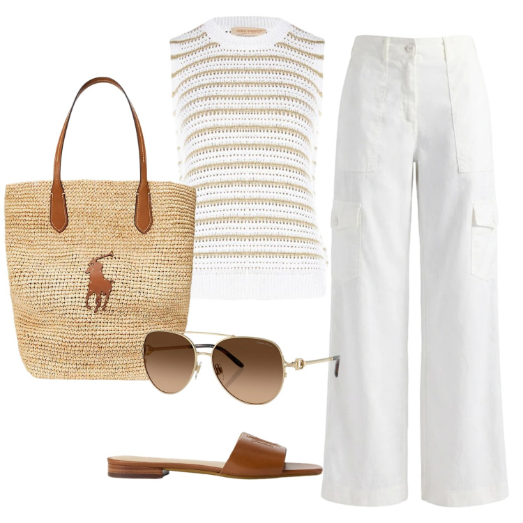 Outfit donna - Mediterranea chic. Stile Casual chic per Tutti i giorni. Abbinamento con top, pantaloni cargo, occhiali da sole, borse tote, ciabatte.