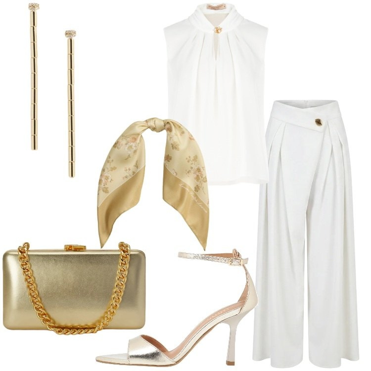 Outfit donna - Eleganza da protagonista bianco e oro. Stile Chic per Serata fuori. Abbinamento con sandali in pelle, top, pantaloni a palazzo, foulard, clutch, orecchini.