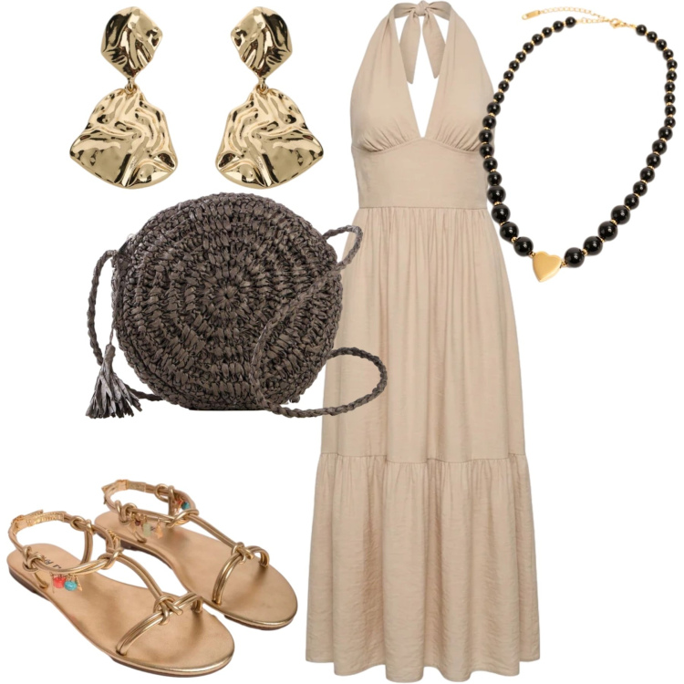 Outfit donna - Giugno. Stile Boho per Tutti i giorni. Abbinamento con borse a tracolla, vestiti lunghi, sandali in pelle, ciondoli, orecchini.