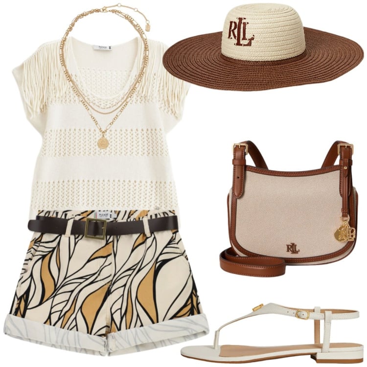 Outfit donna - Gita fuori porta. Stile Glamour per Tutti i giorni. Abbinamento con top, shorts, cappelli, ciondoli, sandali in pelle, borse a tracolla.