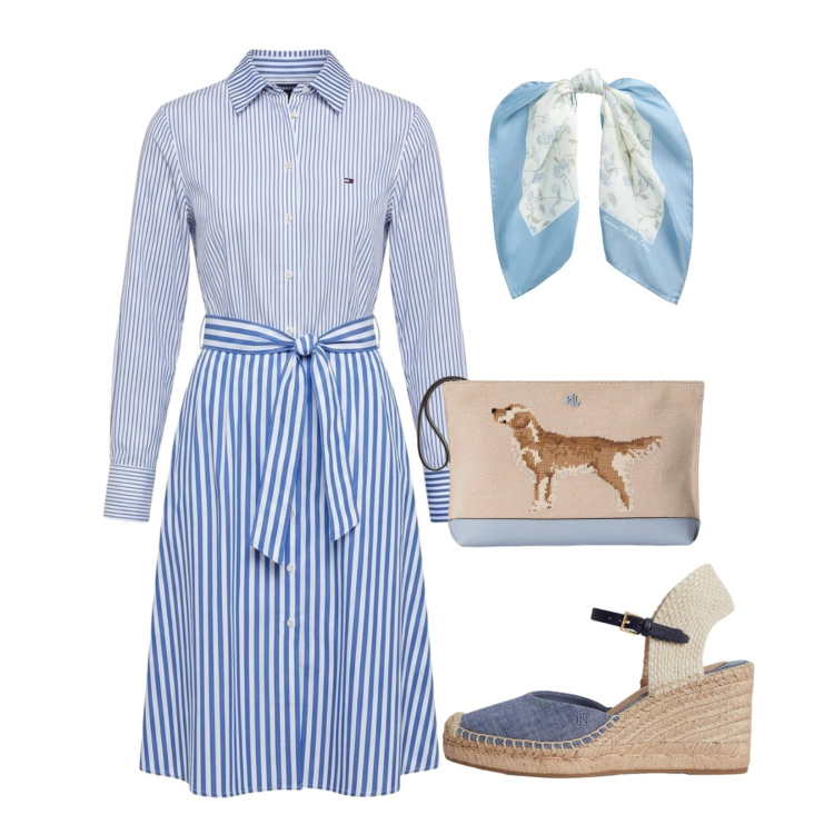 Outfit donna - Casual chic. Stile Chic per Tutti i giorni. Abbinamento con vestiti, pochette, espadrillas, foulard.