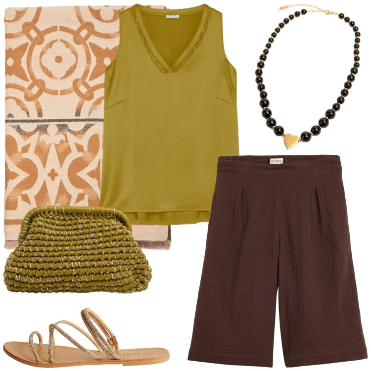 Outfit donna - Glamour. Stile Casual chic per Tutti i giorni. Abbinamento con bermuda, sandali, clutch, ciondoli, sciarpe, top.