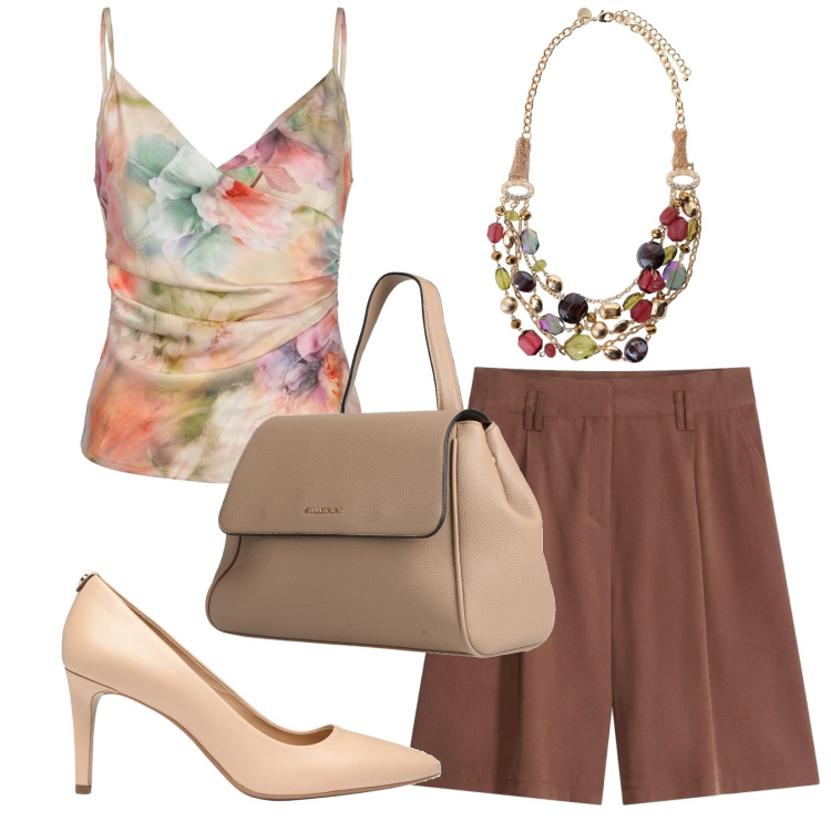 Outfit donna - Aperitivo in bermuda. Stile Glamour per Serata fuori. Abbinamento con décolleté, zaini, bermuda, canottiere, collane.