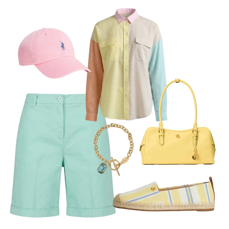 Outfit donna - Chic mediterraneo. Stile Sporty chic per Mare. Abbinamento con camicie, bermuda, cappelli con visiera, borse a mano, espadrillas, braccialetti.