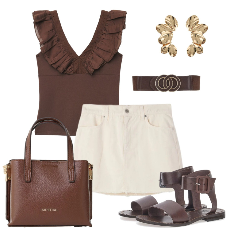 Outfit donna - Glamour e semplicità. Stile Casual chic per Tutti i giorni. Abbinamento con top, minigonne, borse a tracolla, orecchini, sandali, cinture.