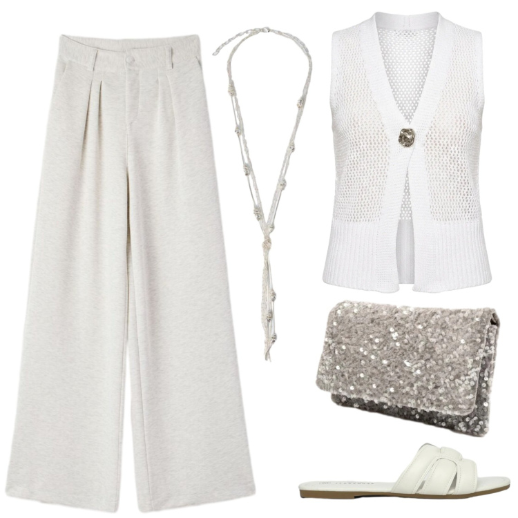 Outfit donna - White party. Stile Casual chic per Serata fuori. Abbinamento con ciabatte, pantaloni, clutch, maglieria, collane.