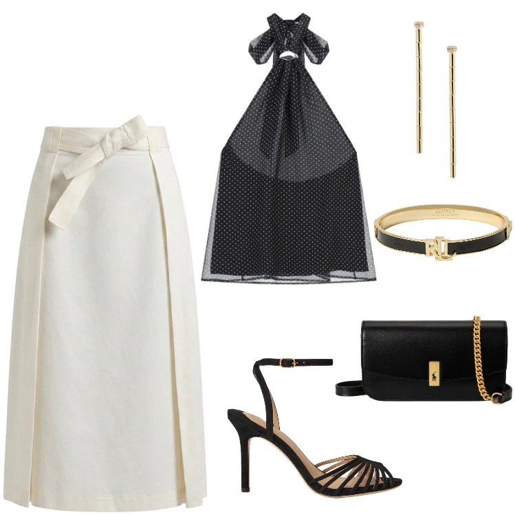 Outfit donna - Mediterranea. Stile Chic per Serata fuori. Abbinamento con top, gonne longuette, clutch, braccialetti, sandali col tacco, orecchini.