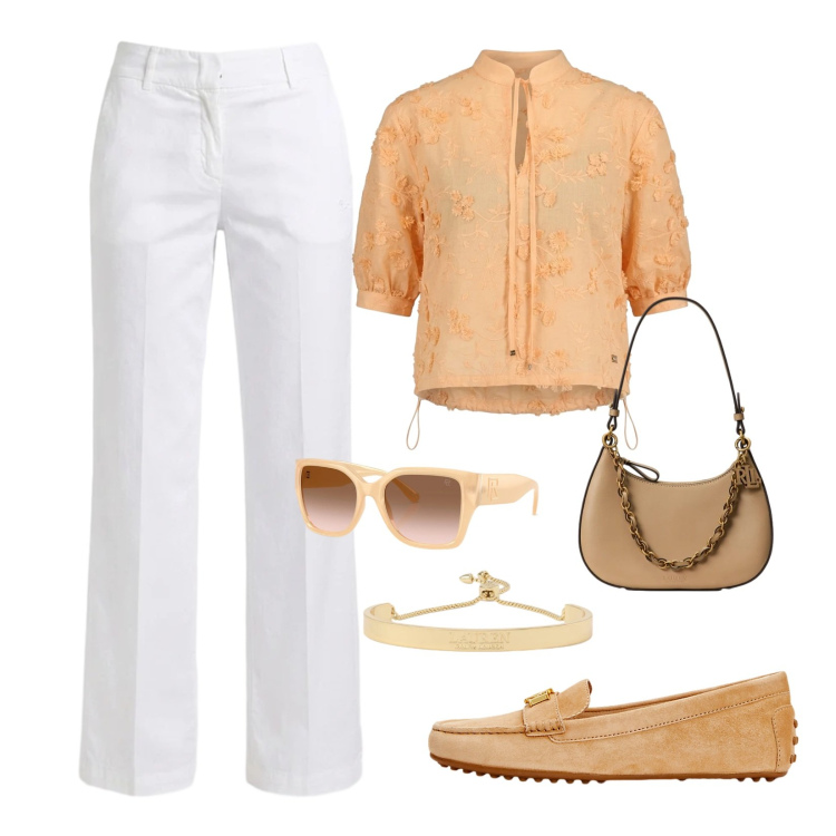 Outfit donna - Minimal chic. Stile Casual chic per Tutti i giorni. Abbinamento con pantaloni, bluse, mocassini, occhiali da sole, borse a spalla, braccialetti.