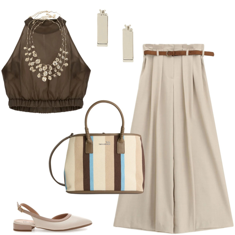 Outfit donna - Total look #2418482. Stile Glamour per Serata fuori. Abbinamento con shopping bag, pantaloni a palazzo, collane, top, orecchini, ballerine.
