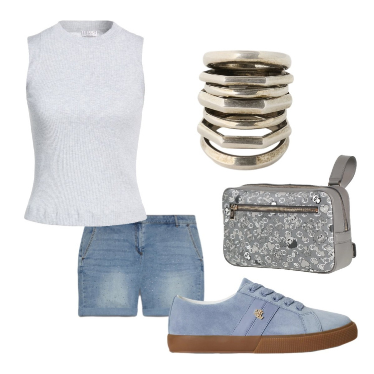 Outfit donna - Estate in stile naturale - Focus Donna. Stile Basic per Tutti i giorni. Abbinamento con marsupi, top, shorts, sneakers, anelli.