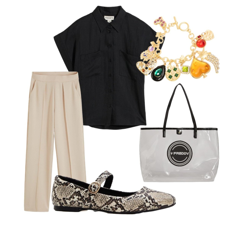 Outfit donna - Giugno. Stile Casual per Ufficio. Abbinamento con ballerine, pantaloni, camicie a manica corta, braccialetti con ciondoli, shopping bag.