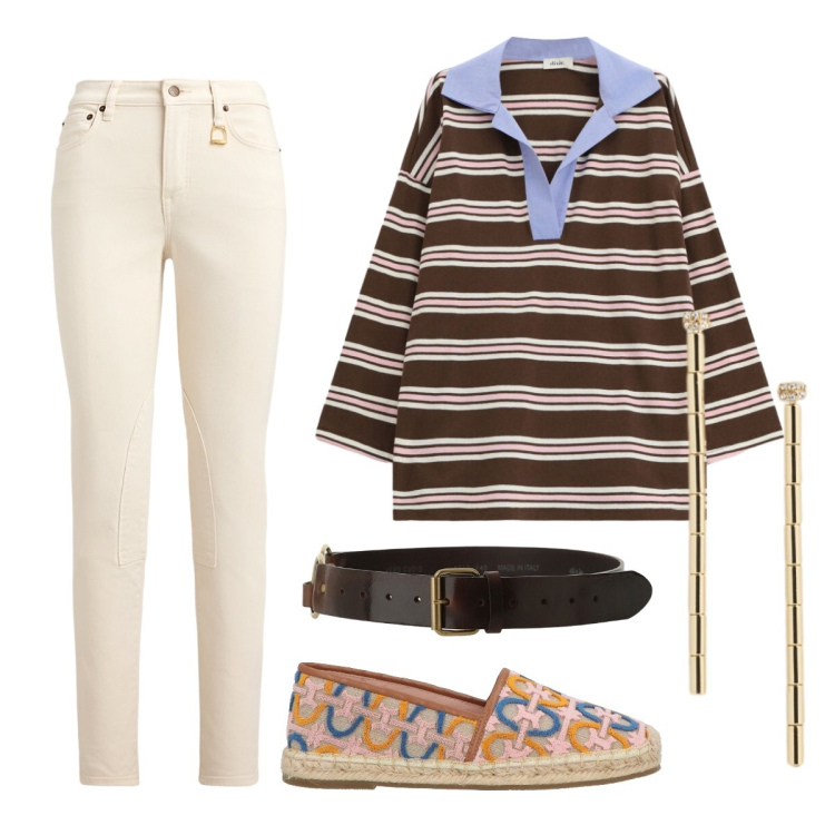 Outfit donna - Pronta per ogni opportunità. Stile Casual per Tutti i giorni. Abbinamento con espadrillas, cinture, t-shirt, jeans skinny, orecchini.