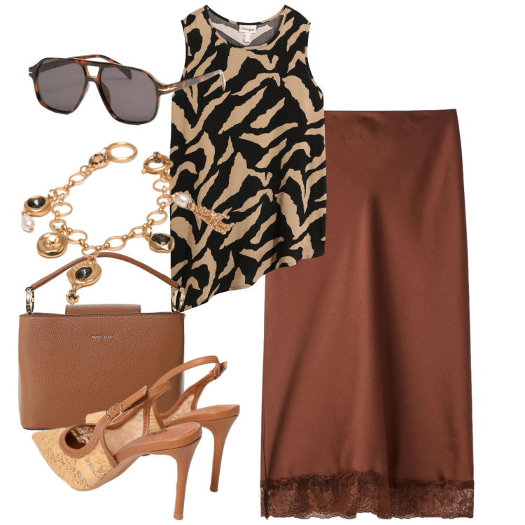 Outfit donna - City. Stile Urban per Tutti i giorni. Abbinamento con top, gonne longuette, borse a secchiello, scarpe col tacco, braccialetti, occhiali da sole.