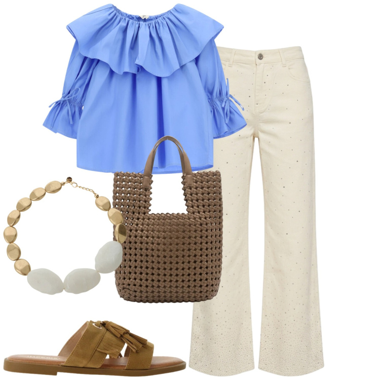 Outfit donna - City. Stile Casual chic per Tutti i giorni. Abbinamento con sandali, borse tote, jeans a zampa, collane, camicie.