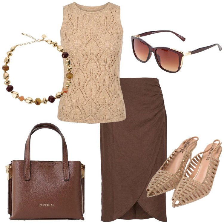 Outfit donna - In città. Stile Chic per Tutti i giorni. Abbinamento con occhiali da sole, borse a tracolla, gonne longuette, scarpe col tacco, canottiere, collane.