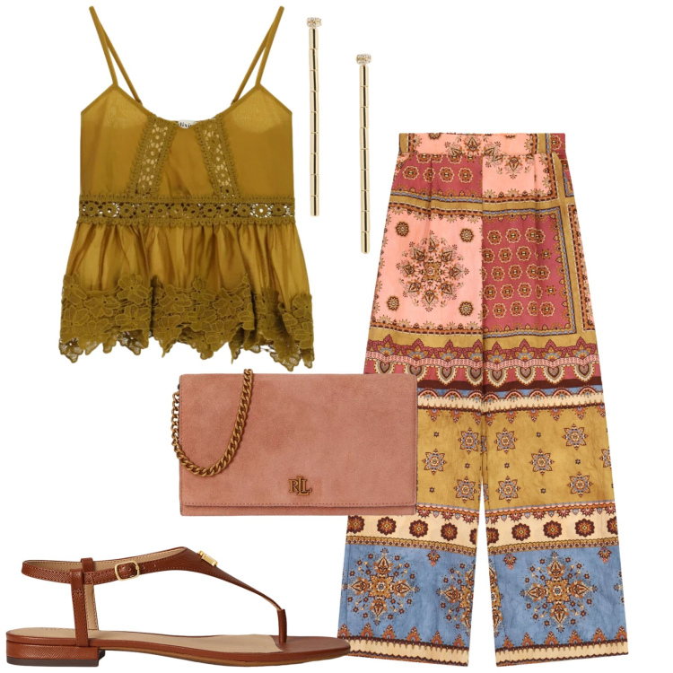 Outfit donna - Al mare. Stile Boho per Mare. Abbinamento con pantaloni a palazzo, top, sandali in pelle, orecchini, borse a tracolla.
