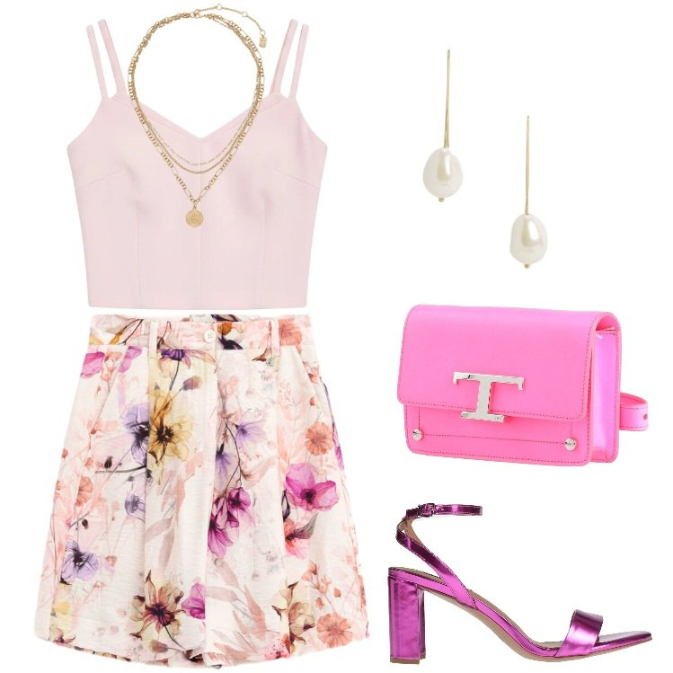 Outfit donna - Sfumature di rosa. Stile Chic per Tutti i giorni. Abbinamento con marsupi, sandali in pelle, top, bermuda, ciondoli, orecchini.