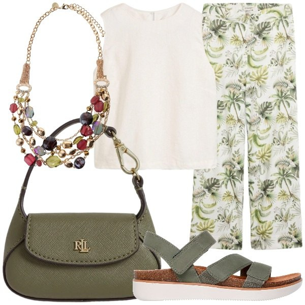 Outfit donna - Mediterranean Chic. Stile Casual chic per Tutti i giorni. Abbinamento con canottiere, pantaloni, collane, borse a mano, sandali.