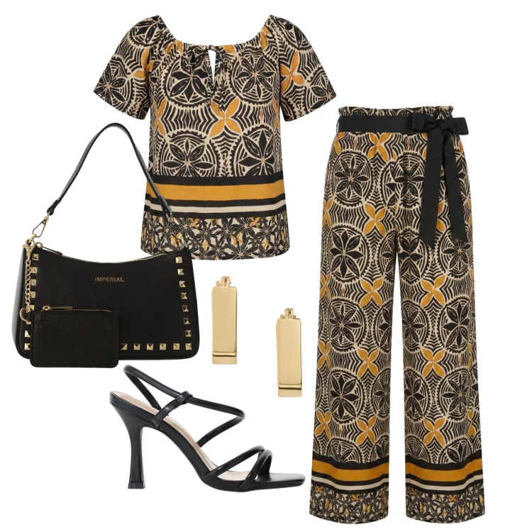 Outfit donna - Giugno. Stile Trendy per Serata fuori. Abbinamento con borse a spalla, sandali col tacco, pantaloni, bluse, orecchini.