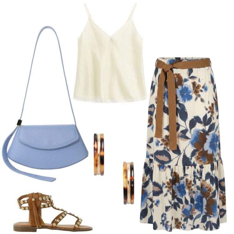 Outfit donna - Passeggiata. Stile Boho per Tutti i giorni. Abbinamento con sandali, borse a spalla, gonne lunghe, top, orecchini.