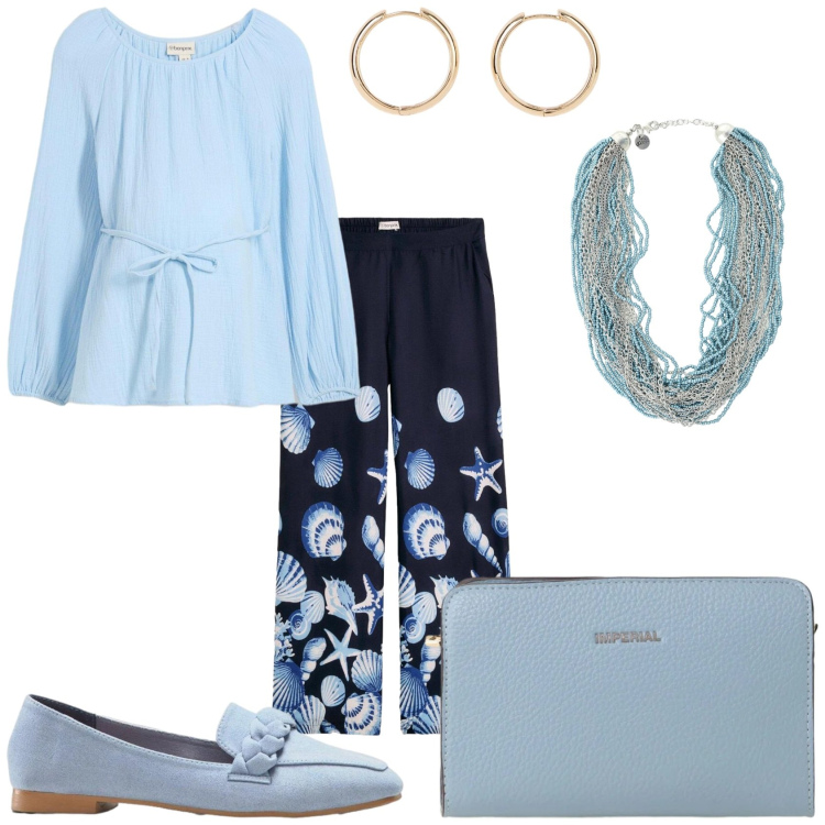 Outfit donna - E così mi vesto. Stile Glamour per Tutti i giorni. Abbinamento con mocassini, bluse, orecchini, pantaloni a palazzo, borse a tracolla, collane.